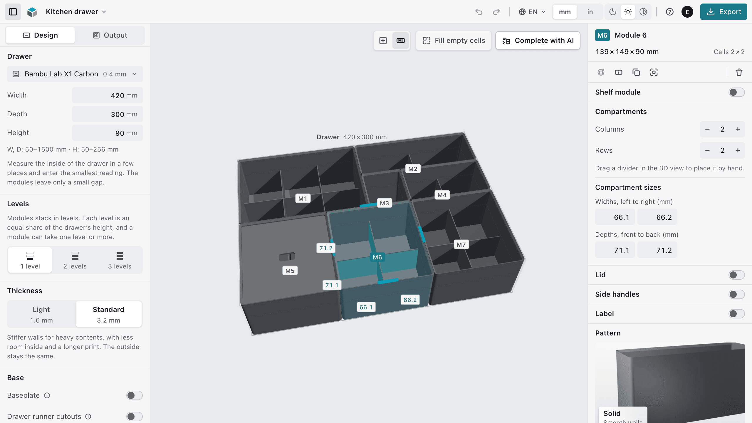 The CubeOn Studio editor: the top bar, the Design panel, the 3D view with its tools, and the panel of the selected module
