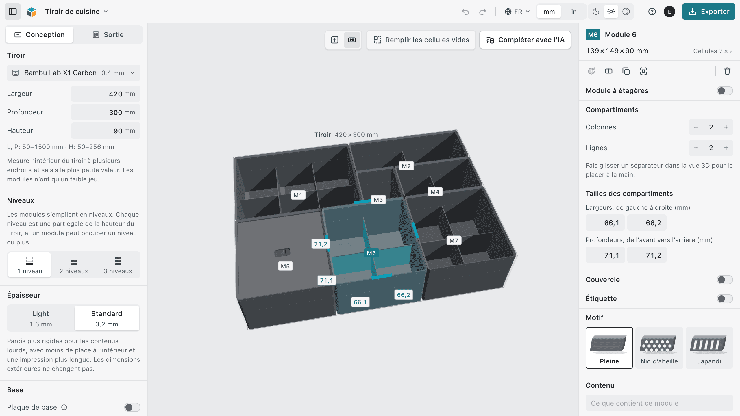 L’éditeur de CubeOn Studio : la barre du haut, le panneau Conception, la vue 3D avec ses outils et le panneau du module sélectionné