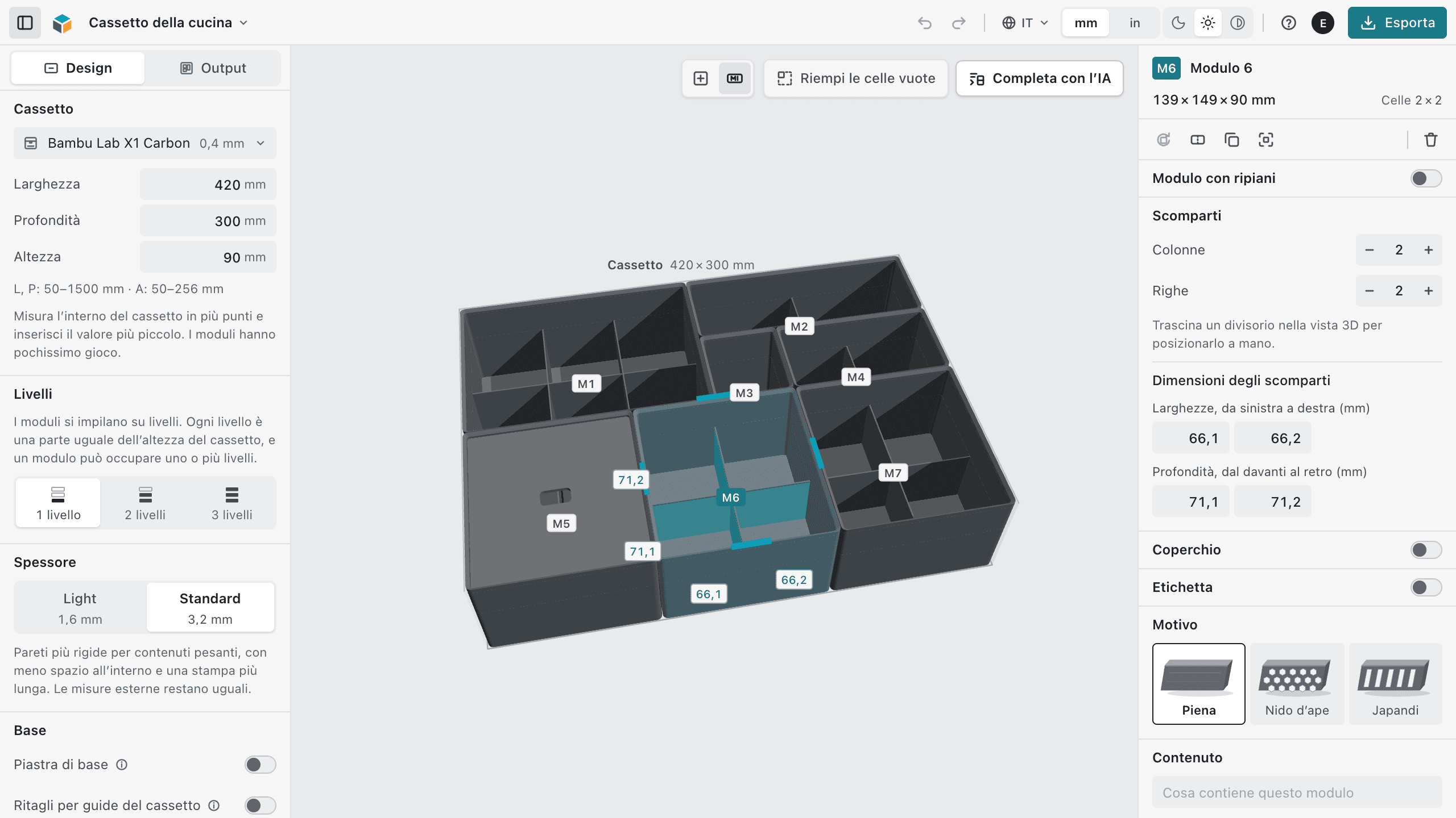 L’editor di CubeOn Studio: la barra in alto, il pannello Design, la vista 3D con i suoi strumenti e il pannello del modulo selezionato