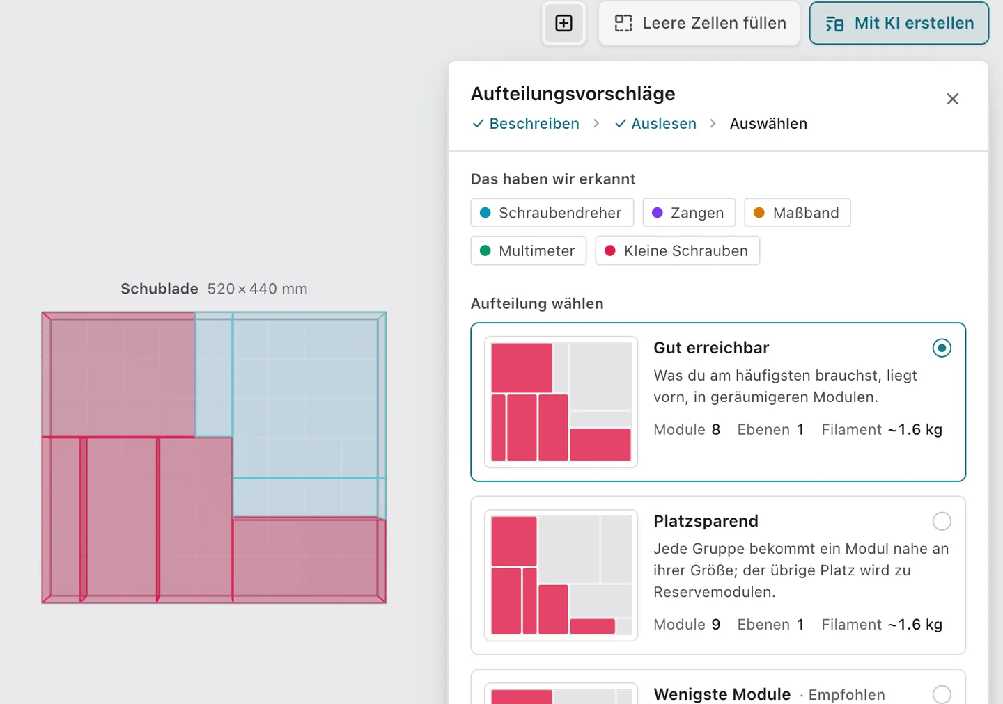 Das Feld „Aufteilungsvorschläge“ im Editor: die erkannten Gegenstände einer Werkstattschublade und die geplanten Aufteilungen mit Modulen, Ebenen und Filament, als Vorschau in der Schublade