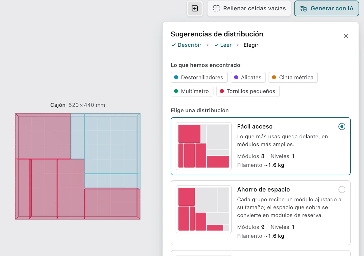 El panel Sugerencias de distribución del editor: los objetos encontrados en un cajón de taller y las distribuciones planificadas, cada una con módulos, niveles y filamento, con vista previa en el cajón
