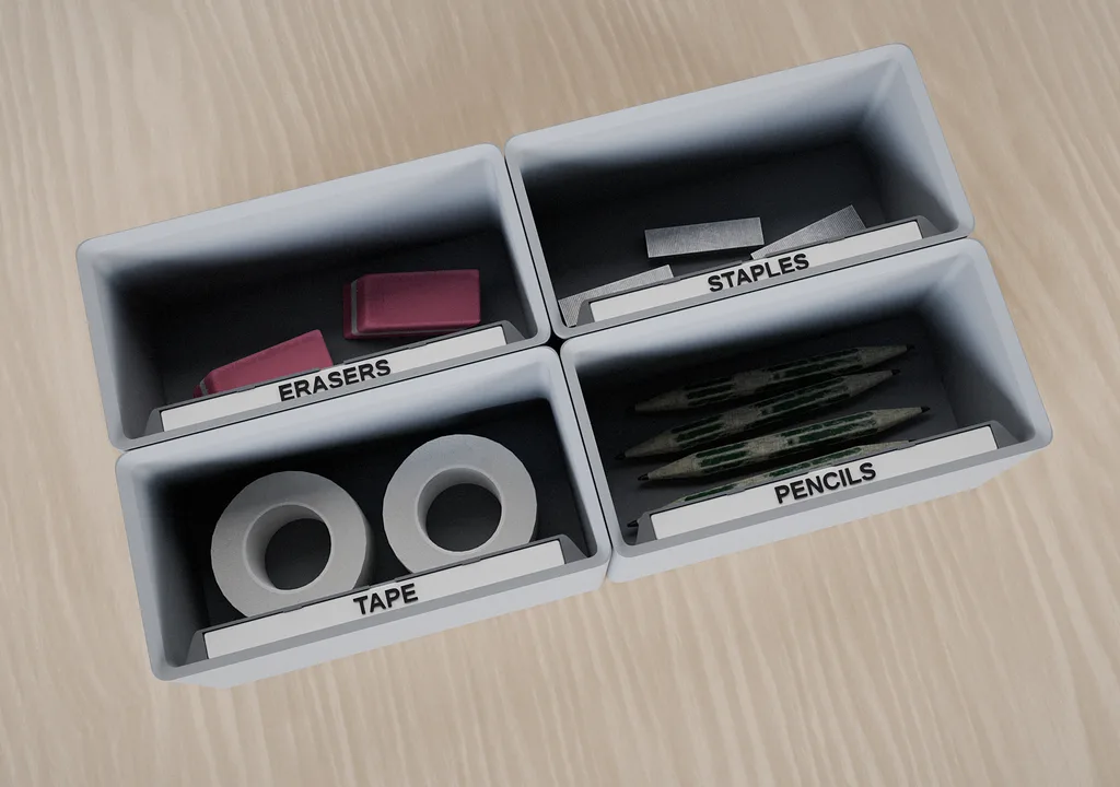 Text and Braille labels. Text or Braille on tiles you replace when the contents change, on top or in the walls, or printed into the module. One sheet lists every label.