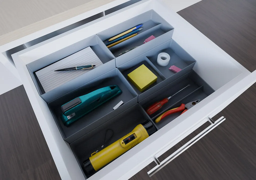 Multi-level design. Use up to three levels in one project and turn vertical space into usable storage. A module on an upper level gets a bottom fitted to the modules under it, so it prints faster and uses less filament.