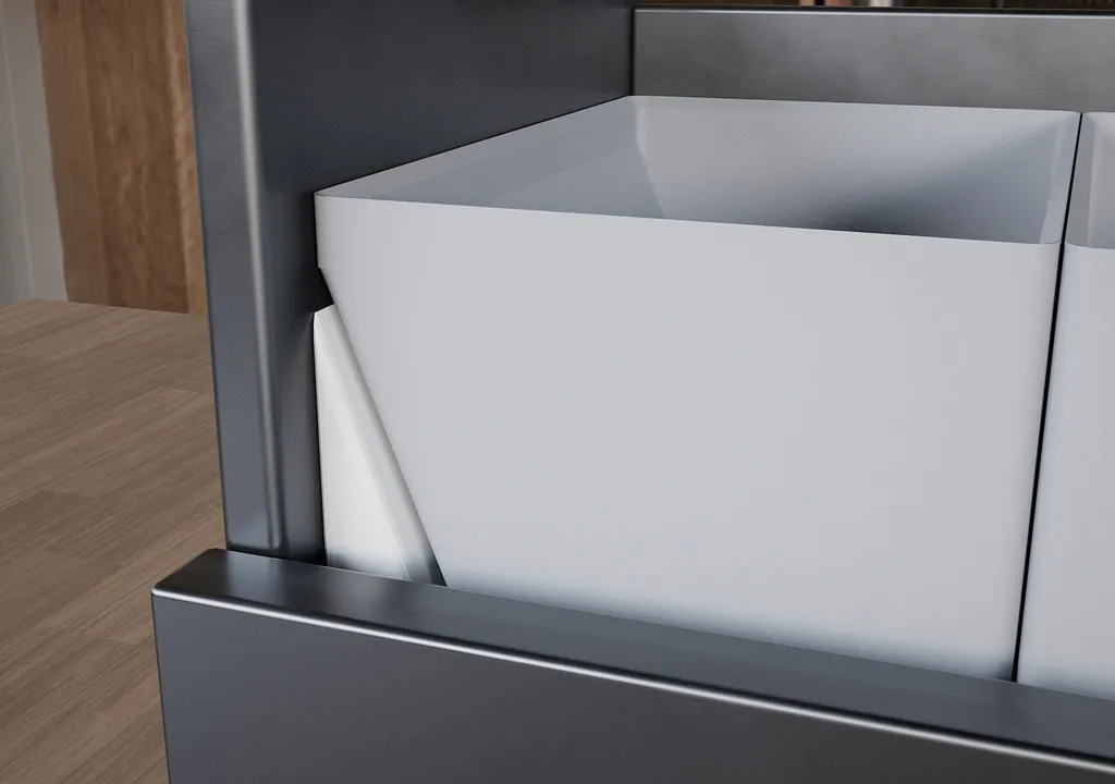 Aussparungen für Schubladenschienen. Füge Aussparungen dort ein, wo Schubladenführungen nutzbaren Innenraum beanspruchen, zum Beispiel bei Systemen wie Blum TANDEMBOX, Hettich InnoTech oder GTV Modern Box.