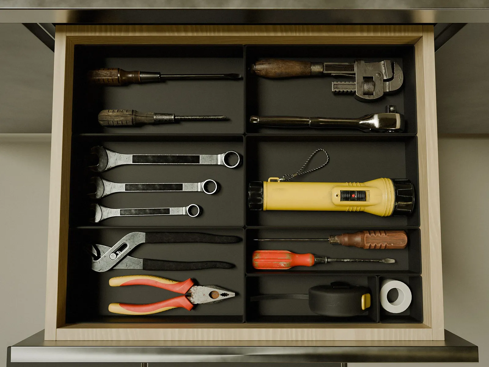 Ein Organizer, der eine Werkstattschublade von Wand zu Wand ausfüllt, von oben gesehen